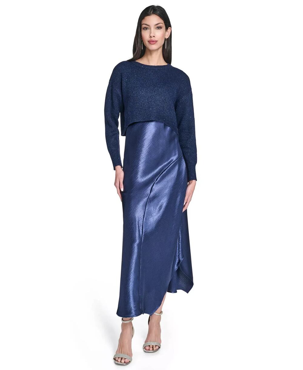 Vince Camuto Women's Crewneck Slip Dress with Sweater Blue Size XXL 3896